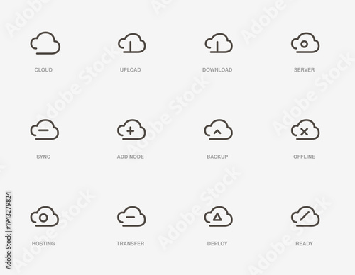 Set of 12 Cloud Computing Line Icons Vector for Data Storage, Upload, Download, Sync, Backup, Hosting, and Server Management