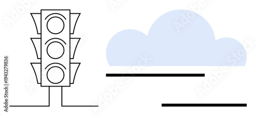 Traffic light adjacent to a cloud with road lines beneath. Ideal for transportation, environment, urban planning, weather, safety, infrastructure, traffic management. Simple flat metaphor