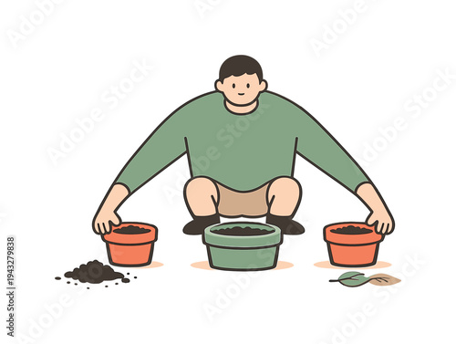 Quiet person arranges garden pots on the patio, spacing planters evenly while soil smudges and leaves sit nearby todaynow. |