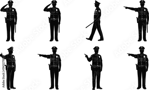 Police officer silhouette, law enforcement, uniform pose, baton gesture, security job, patrol worker, authority figure, professional occupation