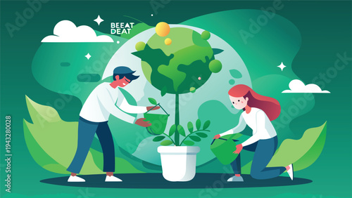 Two people planting a tree in front of a globe with green leaves and a watering can Vector