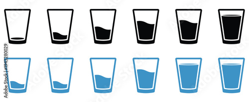 Drinking water glass icon collection, black flat icons, full and empty glasses, isolated glass of water design for health, beverage, and lifestyle vector