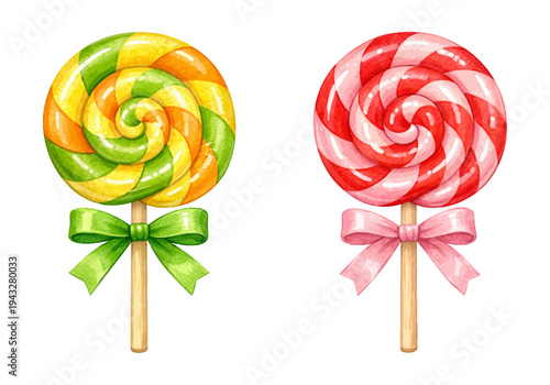 A charming watercolor collection of colorful candy lollipops featuring sweet swirl candies with decorative ribbons.