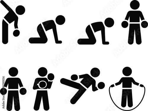 Stick figures performing various exercises with dumbbells and jump rope