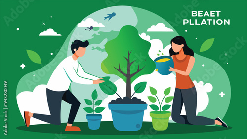 Two scientists in lab coats are working with plants in a futuristic greenhouse. Vector