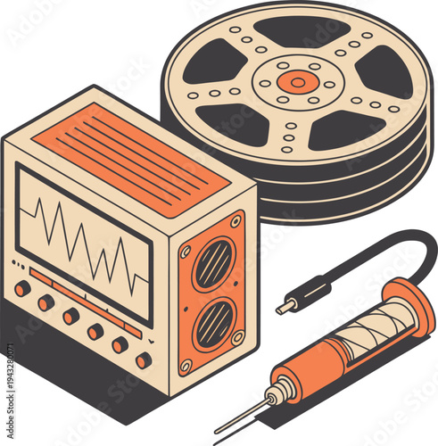 Vintage medical oscilloscope with film reels and a scientific probe in a flat isometric vector illustration style for retro laboratory equipment concepts.