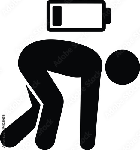 A person bending over with a low battery symbol above their head