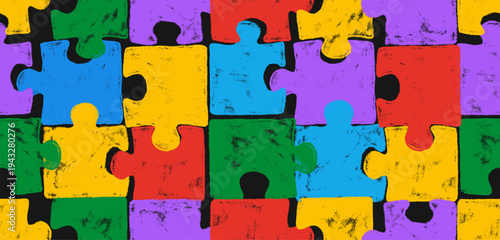 Seamless pattern colorful jigsaw puzzle piece. Fun children education game background concept. Autism awareness print, school learning wallpaper texture. Medical flat illustration. Vector health care.