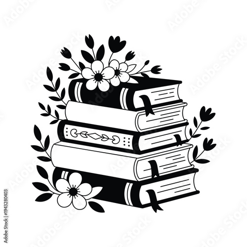 A stack of hardback books adorned with decorative floral elements and leaves isolated on transparent background