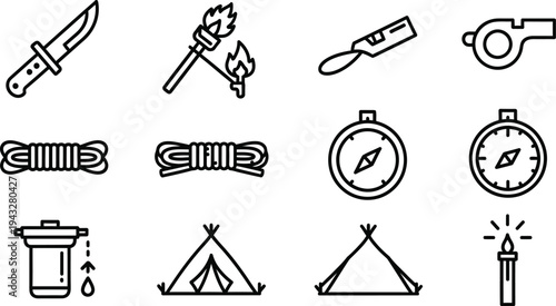 Icon set for outdoor adventure and wilderness survival