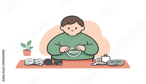 Sweet person sorts and coils cables on a desk, ties aligned, charger looped, tidy bundles resting evenly near window light today.