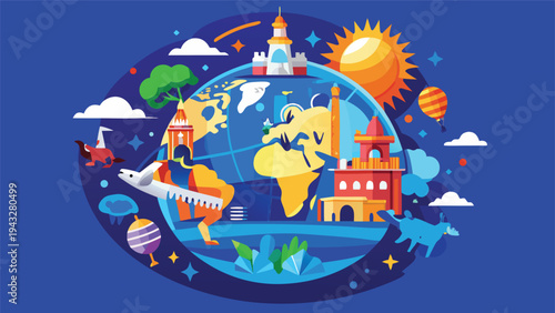 A vibrant illustration of the globe surrounded by various symbols of nature and technology. Vector
