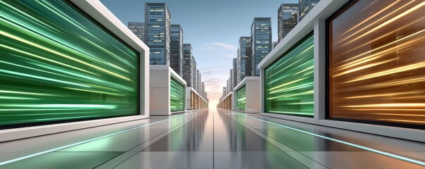 Futuristic data center corridor with glowing green and orange motion-lit server racks and skylines
