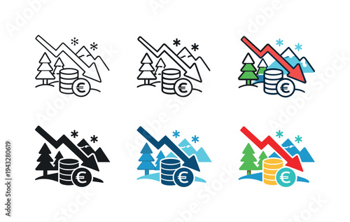 Macroeconomic risk concept showing a cold climate motif combined with reduced currency forms and a descending arrow,