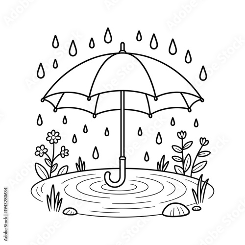 A whimsical line art illustration of an open umbrella shielding a puddle surrounded by flowers and grass during rainfall