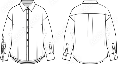 White Button Down Shirt Illustration Set, CAD Drawing Flat Vector Sketch for Fashion Design, Long Sleeve Technical Fashion Template Mockup.