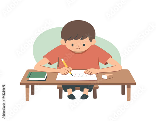Focused Handwriting Practice. Quiet child practices handwriting at a desk, pencil tracing letters on paper, eraser and notebook