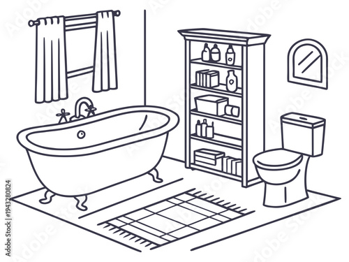 Hand-drawn bathroom interior: clawfoot tub, toilet, shelf with products and curtains - line art