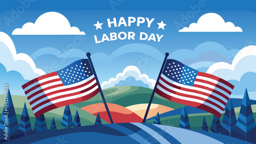 Happy labor day with american flags and blue sky background illustration Vector