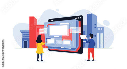 A man and a woman collaborate on a large, layered digital interface with multiple windows against a stylized city skyline illustration.