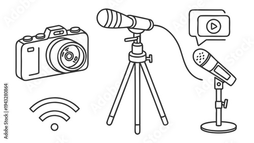 Podcasting equipment icons: camera, microphones, tripod, wi-fi, play button - line graphics