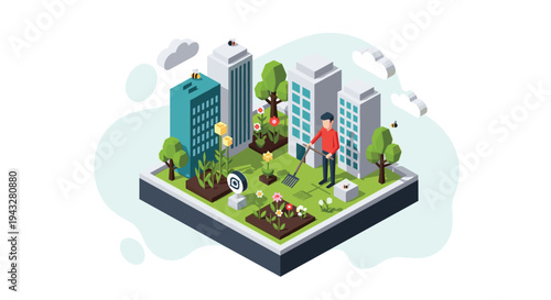 A man tends to a rooftop garden with a rake surrounded by modern skyscrapers in a sustainable green city isometric illustration.