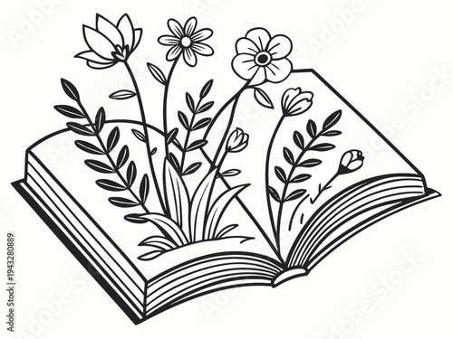 Open book with growing flowers and plants - line art illustration for education and nature