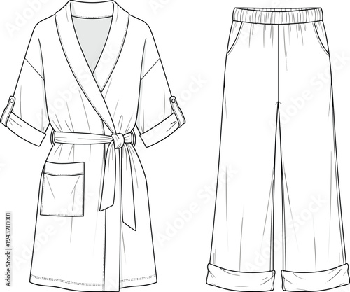 White Robe and Pants Loungewear Set Illustration, CAD Drawing Flat Vector Sketch for Fashion Design, Sleepwear Technical Fashion Template Mockup.