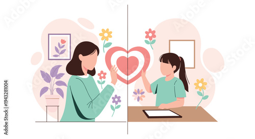 A flat vector illustration showing a mother and daughter connecting remotely, forming a heart with their hands across a split screen, symbolizing love and communication.
