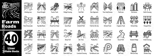 Rural road and farm path icons set.  Various countryside tracks vector illustrator.