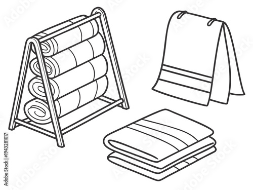 Isometric illustration of folded towels, rolled towels on a rack, and a hanging towel, representing spa, hotel, or bathroom amenities