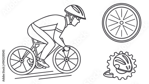 Illustration of a cyclist in motion on a racing bike with helmet, and separate icons for bicycle wheel and gear, symbolizing cycling sports