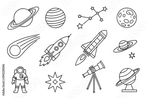 Astronaut, planets, rockets, and stars: a cosmic journey illustration set for science and space exploration