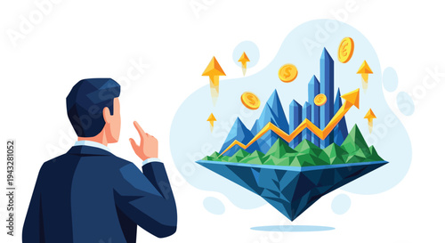 A businessman from behind analyzes a floating island with a rising stock market graph, gold coins, and upward arrows, representing financial investment and growth.