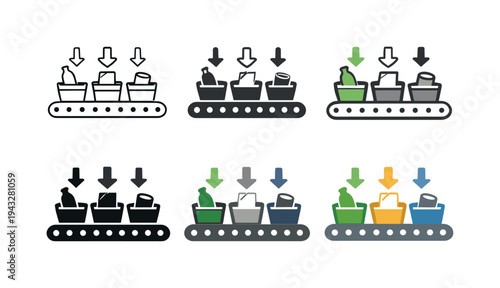 Automated sorting line with bottles, cans, and paper on a conveyor belt