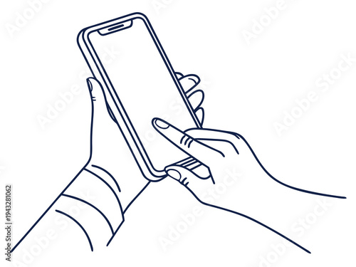 Close-up line art illustration of hands using a smartphone, touching screen for digital interaction and mobile technology