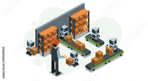 An isometric illustration depicts a warehouse manager supervising autonomous robots that are sorting and moving cardboard boxes on conveyor belts.