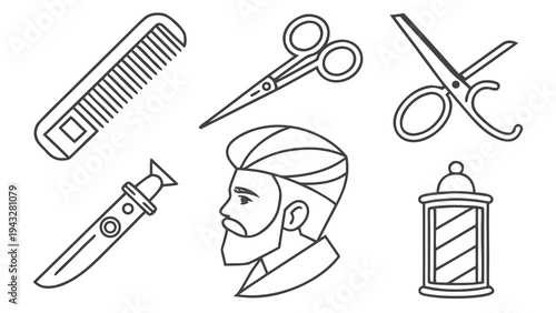 Barber shop icons: scissors, comb, trimmer, profile of a man, and barber pole for grooming and styling services