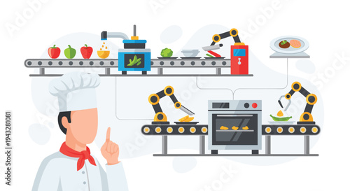 A chef oversees an automated food production line where robotic arms prepare, cook, and plate meals on a conveyor system in a modern kitchen.