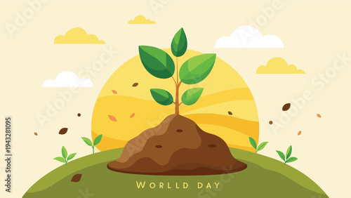 A small hill with a tree growing from the top under a bright yellow sun Vector