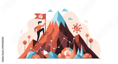 A determined person climbs a geometric mountain and plants a flag at the summit, symbolizing business achievement and success.