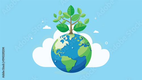 A vibrant green tree growing on a blue planet surrounded by fluffy white clouds. Vector