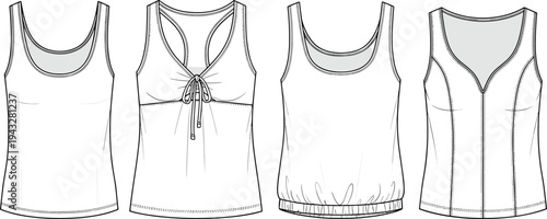 White Tank Top Illustration Set with Different Necklines, CAD Drawing Flat Vector Sketch for Fashion Design, Womens Apparel Technical Template.