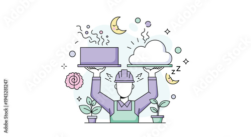 A cartoon construction worker balances a laptop and a cloud on two trays, surrounded by icons of work and rest on a white background.