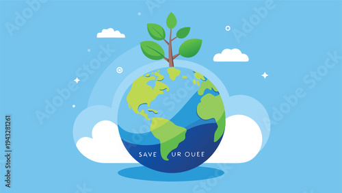 A vibrant illustration of a globe with a growing green plant on top, surrounded by fluffy clouds. Vector