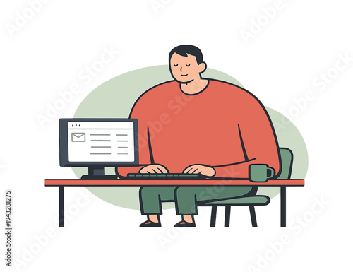 Calm Email Check. Quiet person checks email calmly at a desk, screen glowing softly, hands resting near keyboard, breath steady,