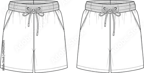 White Shorts Illustration Set with Drawstrings, CAD Drawing Flat Vector Sketch for Athletic Design, Sportswear Bottoms Technical Fashion Template.