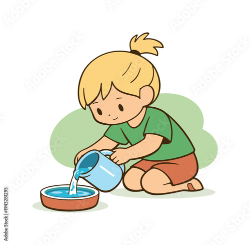 Pet Water Refill. Sunny child refills a water bowl at floor level, tilting a jug carefully as clear water rises and hands stay