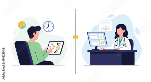 A patient reviews his genetic data on a tablet during a remote consultation with a doctor who is analyzing medical charts on her computer.