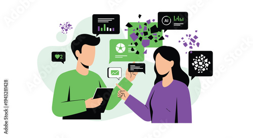 Two colleagues, a man and a woman, collaborate and analyze complex data charts and AI analytics displayed in abstract speech bubbles.